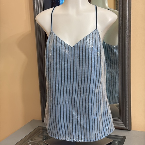 Banana Republic petite small striped sequin v neck cami fully lined baby blue - Picture 1 of 11